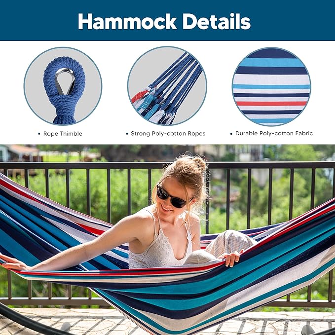 SUNCREAT Hammocks for Outside with Stand, Porch Hammock and Stand, 475 lbs Capacity, Blue & Red Stripes
