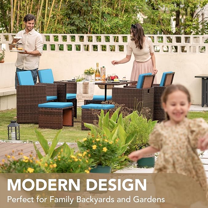 Devoko 9 Pieces Patio Dining Sets Outdoor Space Saving Rattan Chairs with Glass Table Patio Furniture Sets Cushioned Seating and Back Sectional Conversation Set (Blue)