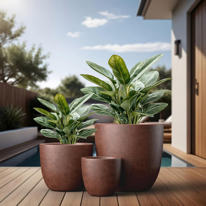 Kante 18",14",10" Dia Concrete Round Planters (Set of 3), Outdoor Indoor Large Planter Pots with Drainage Hole and Rubber Plug for Home Patio Garden, Rusty