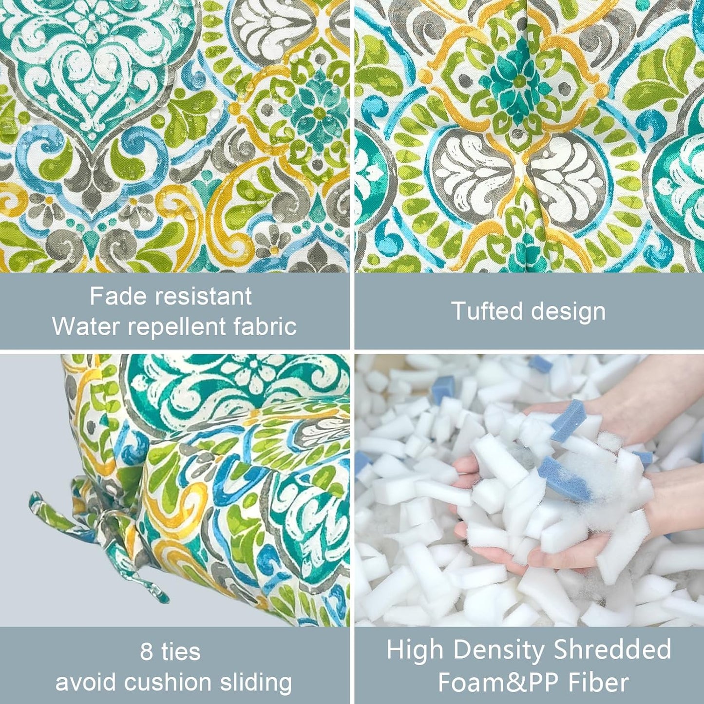 LVTXIII Outdoor Seat/Back Chair Cushion Patio Tufted High Back Cushion, Seasonal Replacement Rocking Chair Cushion with Ties (22” W x 20D”, Set of 2, Damask Green)