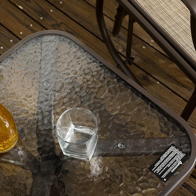 Outsunny 3 Piece Outdoor Glider Chair with Coffee Table Bistro Set, 2 Patio Rocking Swing Chairs with Breathable Sling Fabric, Glass Tabletop, for Backyard, Garden and Porch, Mixed Brown