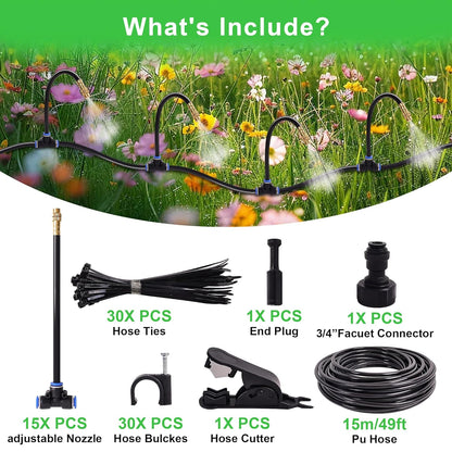 Drip Irrigation Kit, Flexible 360°Adjustable Watering System with Nozzle Control, Misting Hose for Garden, Greenhouse, Lawn, Yard & Potted Plants (49 Feets)