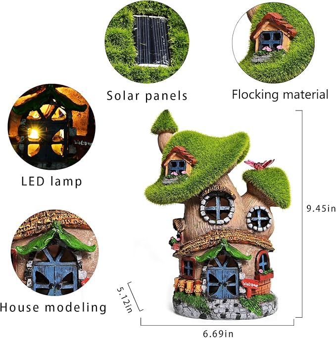 ASAWASA Flocked Mushroom Fairy Garden House with Solar Light,Funny Statue Sculptures for Garden Decor,Exquisite Cottage Figurines for Patio Lawn Yard Gift Decoration