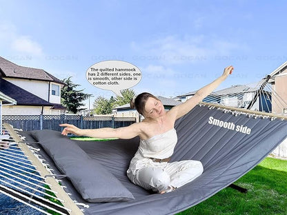 Double Hammock with Quilted Fabric and Spreader Bars,Longer and Sturdier,Quality Hammocks for Outdoor Indoor Patio Yard