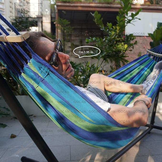 Double Hammock 2 Person Extra Large 220x160cm Total Length 330cm Load 500lb Canvas Cotton Hammock for Patio Porch Garden Backyard Lounging Outdoor and Indoor with Removable Spreader bar