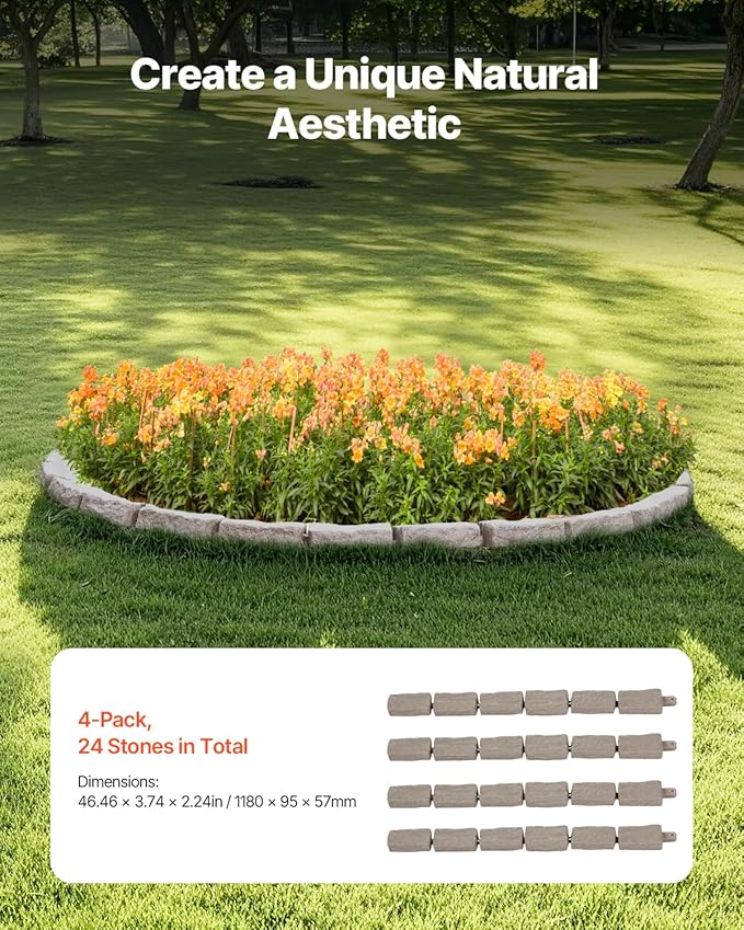 VEVOR Faux Stone Landscape Edging, No Dig Garden Edging Border, Flexible Blocks for Lawn Edging, Flower Beds, Driveway, Yards with 12 Spikes, 4 Pack 24 Bricks 16FT Kit, 46.5" Lx 3.7" W x 2.2" H, Beige