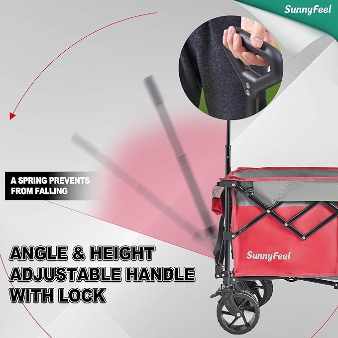 SUNNYFEEL 49''L 550lbs Heavy Duty Wagon Cart Foldable with Wheels,Extra Long Fold Up Wagons Carts with Side Pocket and Brakes for Camping Sports Garden Shopping (Red)