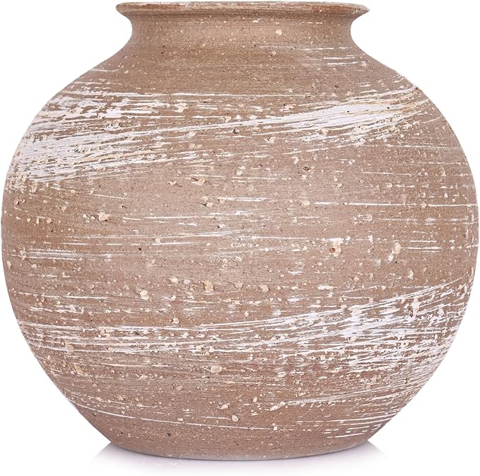 Rustic Terracotta Vase for Farmhouse Decor, Large Round Ceramic Vases for Home Decor, Wide Mouth Brown Clay Jug, Vintage Pottery Vases for Living Room, Kitchen, Table Centerpieces Rustic Home Decor
