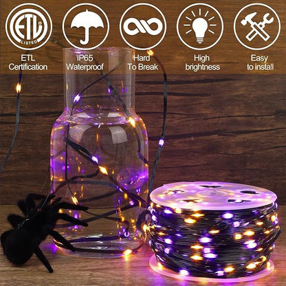 WATERGLIDE Extra Long 328FT Halloween Lights, 1000 LED Outdoor Fairy String Lights, Green PVC Copper Wire Christmas Light, Plug in 8 Modes & Waterproof for Tree Party Home Yard Decor, Orange&Purple