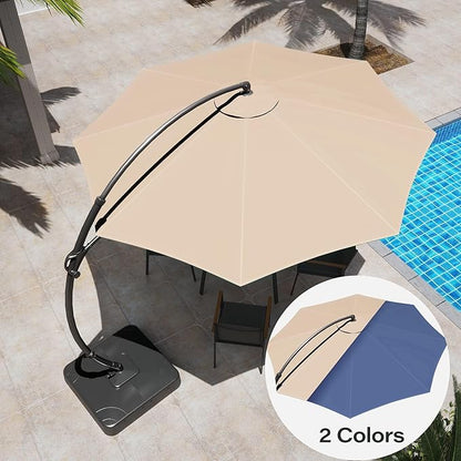 LAUSAINT HOME Beige Patio Umbrella with an Additional Navy Blue Replacement Canopy, 11 FT Deluxe Curvy Cantilever Umbrella Heavy Duty Offset Hanging Outdoor Umbrella with Base,