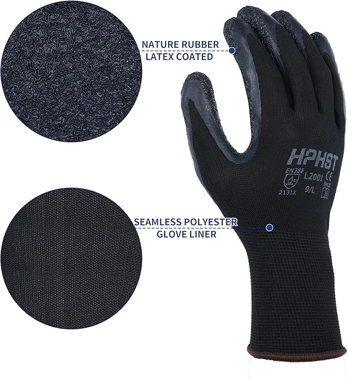 Latex Rubber Hand Coated Work Gloves - Safety Work Gloves - Excellent Grip for Construction Warehouse Garden 12 Pairs