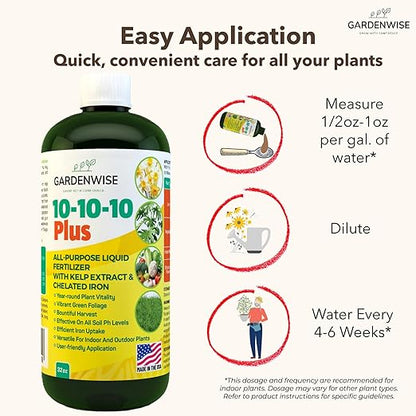 10-10-10 All Purpose Plant Food - Liquid Fertilizer with Seaweed Kelp & Iron - Indoor & Outdoor Plant Food, Vegetables, Flowers, Lawn & Garden 1x32oz
