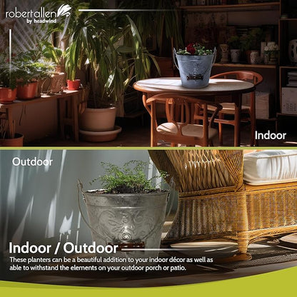 Headwind Vintage Collection - Floral Galvanized Planter with Handles – 8 Inch Medium Flower Pots Decorative Plant Indoor – Plant Pots Indoor with Drainage by Robert Allen