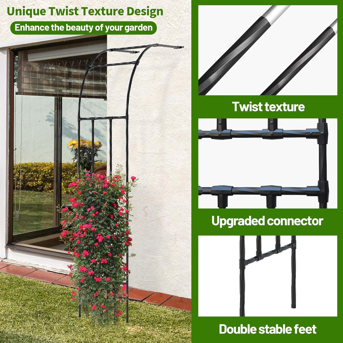 Twira Half Side Garden Arch Trellis, 7.9FT Metal Garden Arbor Trellis for Climbing Plants Outdoor, Black Half Arch Wedding, Garden Archway Arbors and Trellises Decoration for Lawn, Patio, Backyard
