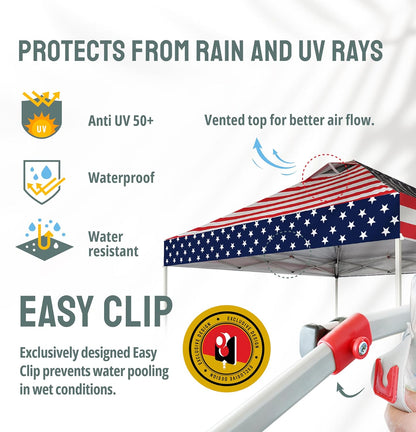 CROWN SHADES 10x10 Pop Up Canopy - Beach Tent with One Push Setup - Easy Outdoor Sun Shade for Events, Parties, Camping - Gazebo with STO-N-Go Cover Bag, Silver Coated Top, American Flag