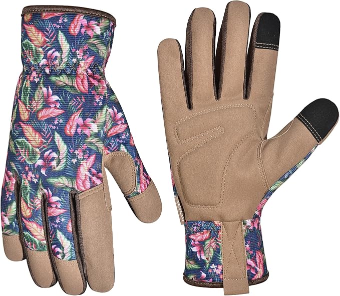 Gardening Gloves for Women and Men, Garden Gloves with Touch Screen, Thorn Proof Puncture Resistant Working Gloves, Gardening Gifts for Women,Blue-brown flowers M