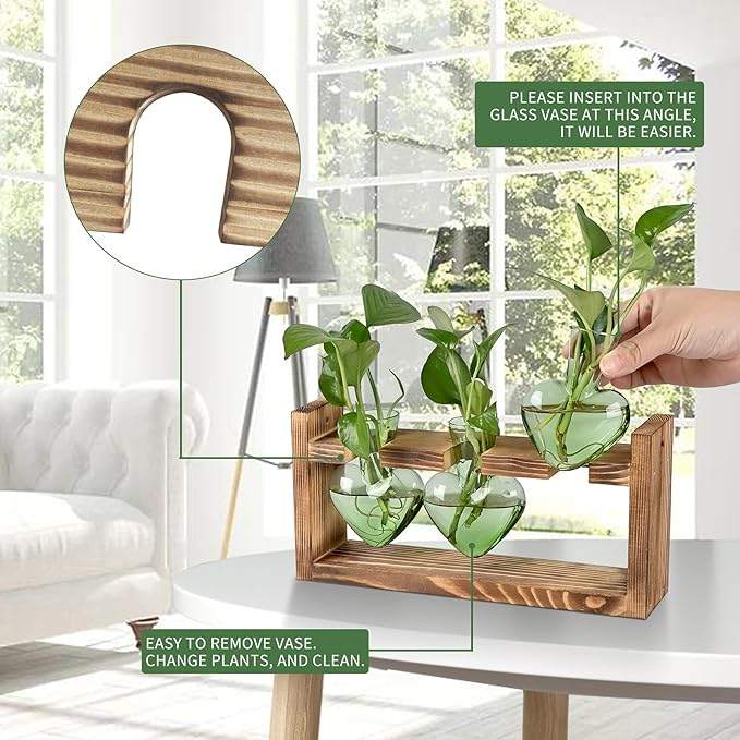 Plant Terrarium Propagation Stations Hydroponics Home Garden Decoration Gift for Women with Wooden Stand Heart Shaped Colored Glass Vase