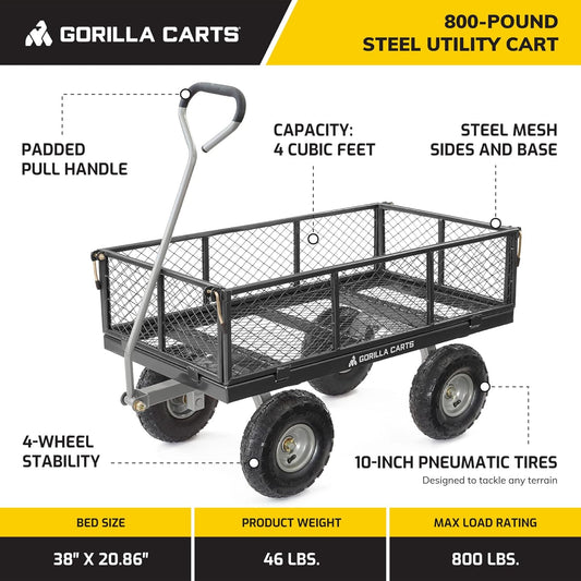 Gorilla Carts Steel Utility Cart, 4 Cu Ft Bed, 800 lb Load Capacity, Black – Heavy-Duty Outdoor Hauling Wagon with Removable Side Panels for Yard, Lawn, Garden or Landscaping