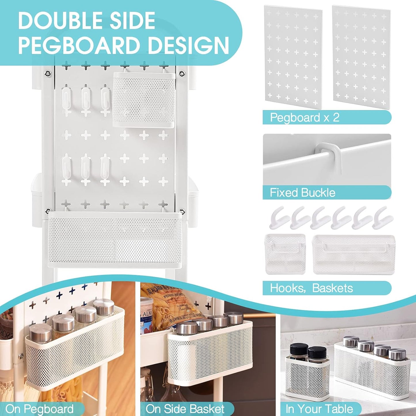 TOOLF 3-Tier Rolling Cart, Metal Utility Storage Cart with DIY Pegboards, Art Craft Trolley with Baskets Hooks, Serving Organizer Easy Assemble for Office, Home, Kitchen, Classroom (White)