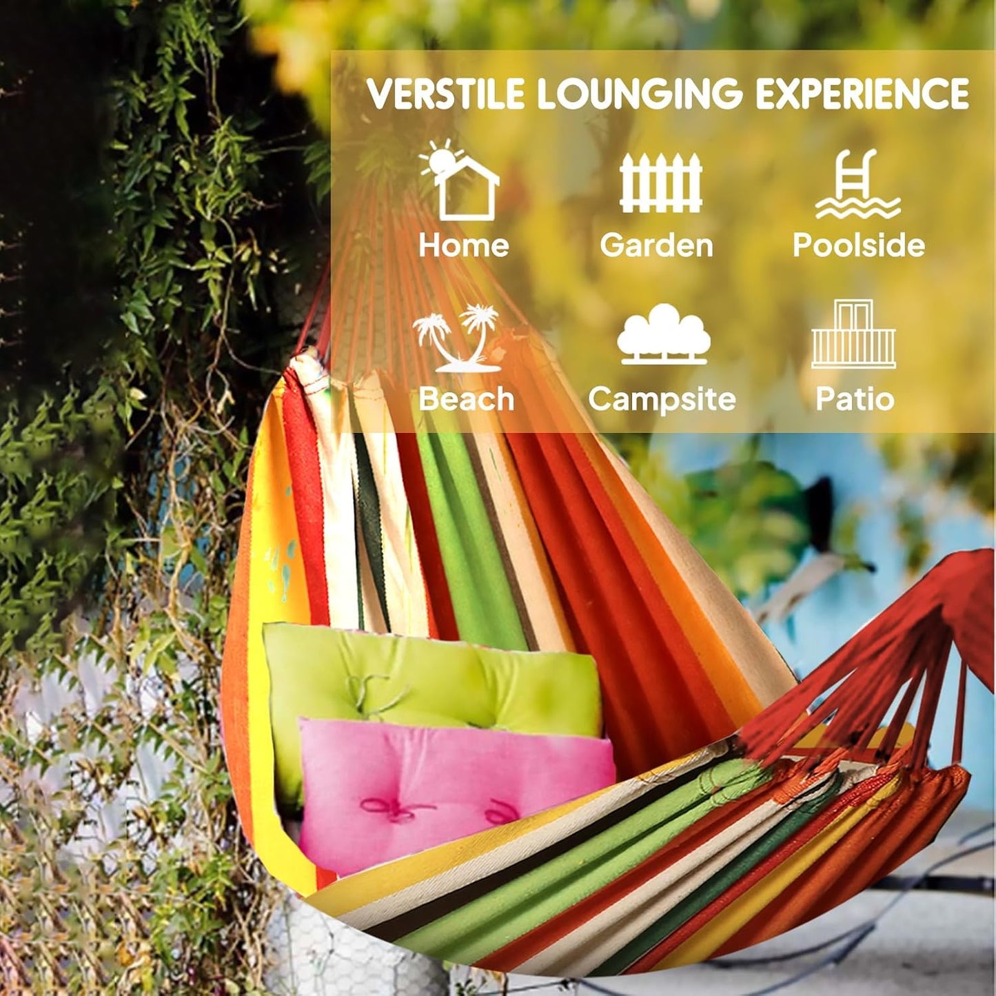 ANYOO Cotton Hammock Portable Camping Hammocks for Hanging Sturdy Garden Comfortable Fabric Hammock with Tree Straps Up to 660lbs with Travel Bag for Camping Outdoor/Indoor Patio Backyard