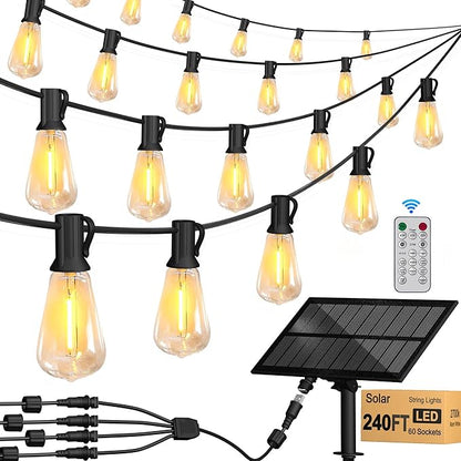 Stright Solar Powered String Light 240FT with Remote Control 8 Light Modes, Weatherproof Shatterproof ST38 LED Bulb, Total 60 Sockets, 1 to 4 Splitter cord String Lights (End to End 60FT, Total 240FT)
