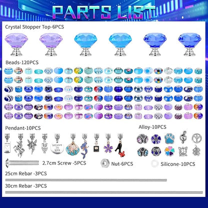 DIY Fairy Wand Garden Beads Stakes Wands Kit,Multiple Color Scheme European Beads Crystal Diamond Tops and 12 or 10 Inch Threaded Rods,Stainless Steel Stakes with Diamond Toppe(Purple+Aqua+Sapphire)