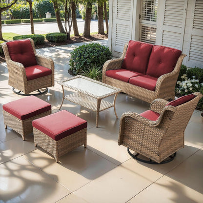 Outdoor Wicker Patio Furniture Set - 6 Piece Rattan Patio Conversation Set with 2 Rocking Swivel Chairs,2 Ottomans,1 Loveseat and 1 Coffee Table for Porch Deck Backyard Garden(Yellow/Red)