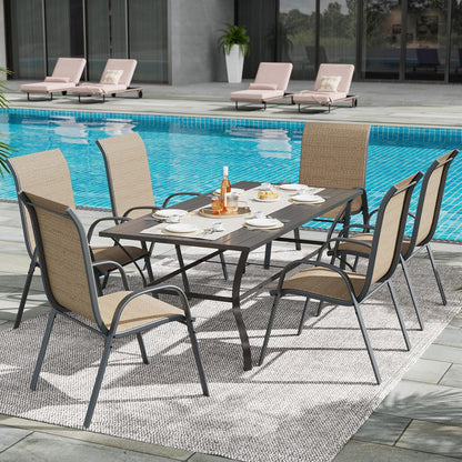 UDPATIO Patio Dining Set of 7, Outdoor Table and Chairs Set with Square Metal Table, 6 Stackable Patio Chairs with High Back, Outdoor Furniture for Deck Garden Backyard Lawn Poolside (Brown)