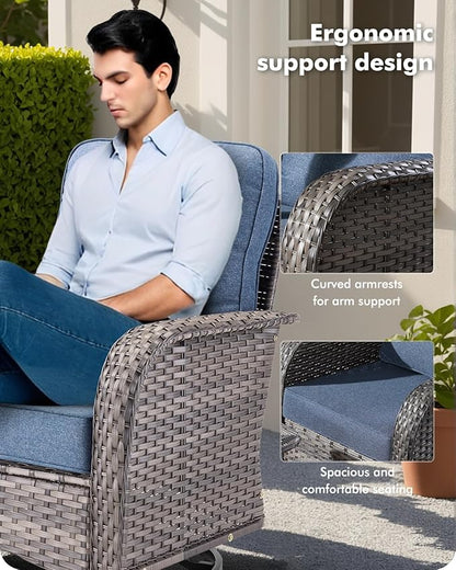 8-Piece Wicker Patio Furniture Set, All-Weather Rattan Conversation Bistro Loveseat Chair and Patio Rockers Set for Backyard, Balcony and Deck with Soft Cushions and Metal Table(Blue)