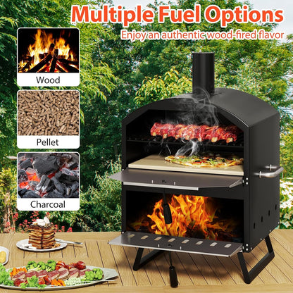Happygrill Pizza Oven Outdoor, 16” 2-Layer Wood Fired Pizza Maker with Stone, Peel & Grill Racks, Portable Burning Stove with Folding Legs and Cover for Camping Patio Backyard BBQ