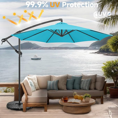 FLAME&SHADE 10ft Cantilever Patio Umbrella Outdoor, Large Offset Umbrella with Crank and Cross Base, UPF 50+ UV Protection Hanging Umbrella for Pool Deck Garden, Aqua Blue