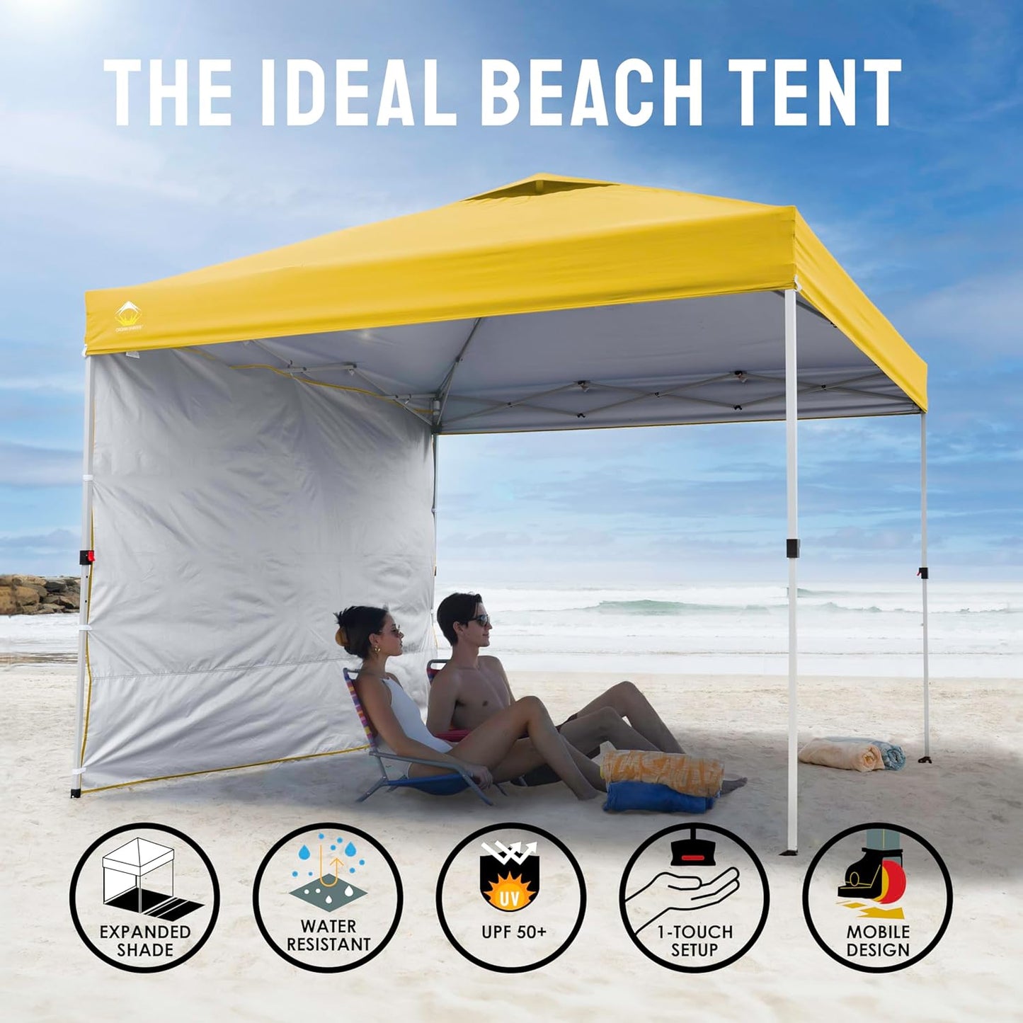 CROWN SHADES 10x10 Pop Up Canopy with 1 Side Wall - Beach Tent with One Push Setup - Outdoor Sun Shade for Events, Parties, Camping - Gazebo with STO-N-Go Cover Bag (Yellow)
