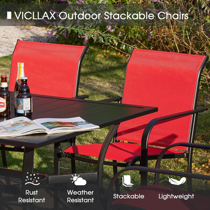 VICLLAX Patio Dining Set for 8, 9 Pieces Outdoor Furniture Set Includes 56.3" Round Patio Table and 8 Patio Stackable Chairs, Outdoor Table and Chairs for Outsides, Black Tabletop and Red Fabric