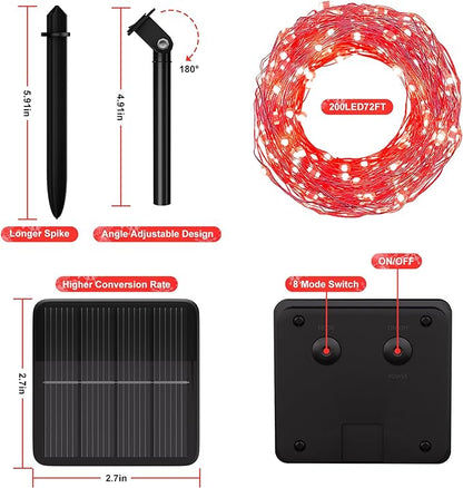 Solar String Lights for Outside, 72Ft 200 LED Solar Fairy Lights with 8 Modes, Solar Powered Fairy Lights Waterproof for Christmas Tree Garden Party Wedding（Red）