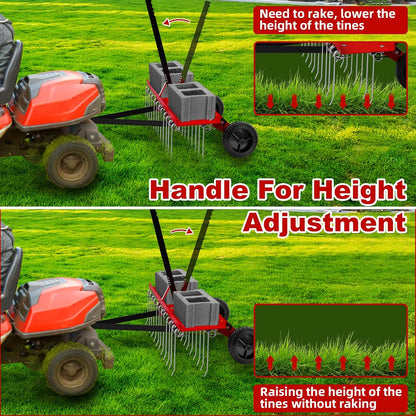 48inch Tow Behind Dethatcher with 24 Spring Steel Tines, Lawn Tractor Rakes with Lift Handle, Tow Behind Rake to Remove Thatch, Riding Lawn Mower Attachments for Outdoor Yard Tools Lawn Care