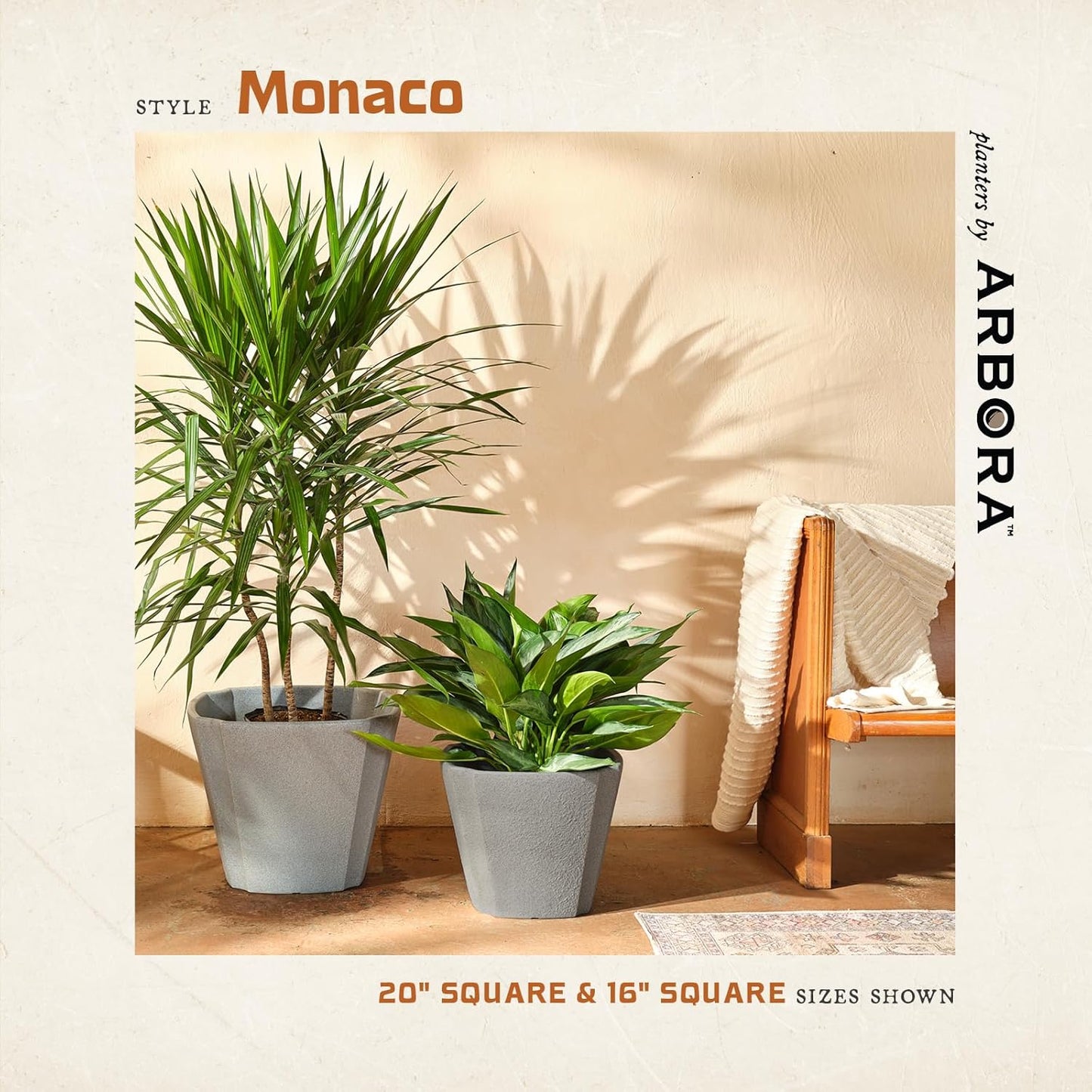 ARBORA 16" Monaco Square Polyresin Indoor and Outdoor Planter with Stone Blend Concrete Gray Finish - Durable, Weatherproof, Lightweight, Large Plant Pot for Patio, Garden, Deck, Entryway