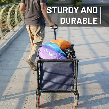 EchoSmile Collapsible Foldable Wagon Cart with 350lbs Weight Capacity, Heavy Duty Folding Utility Sport Wagon with Removeble Wheels for Camping,Grocery,Garden,Beach,Blue&Orange