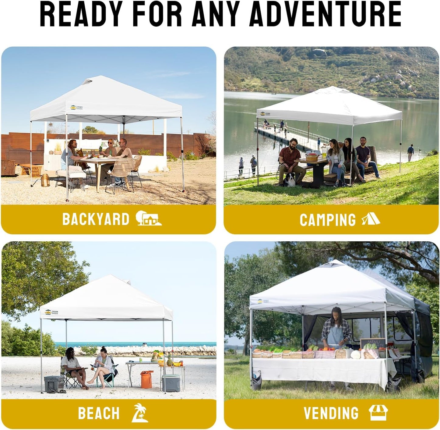 CROWN SHADES 12x12 Pop Up Canopy Outside Canopy, Patented One Push Tent Canopy with Wheeled Carry Bag, Bonus 8 Stakes and 4 Ropes, White