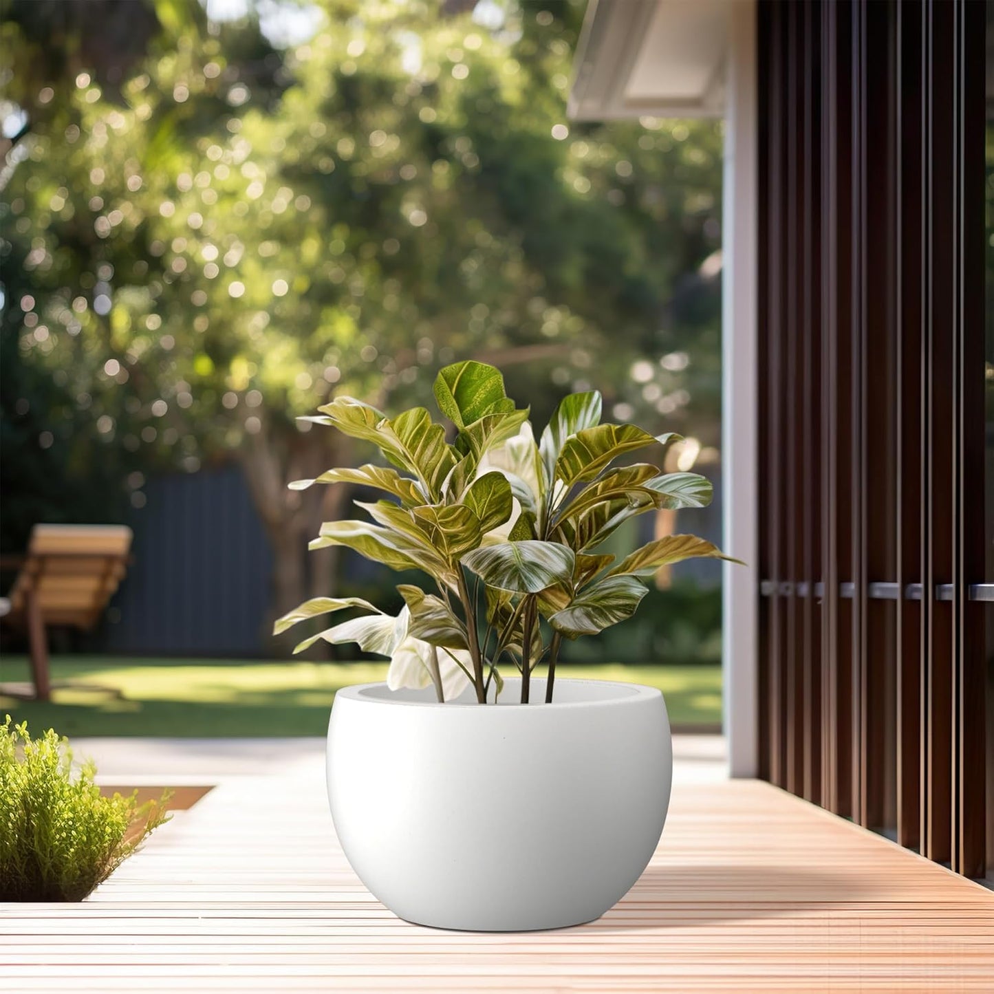 Kante 11.8" Dia Round Concrete Planter, Outdoor/Indoor Large Bowl Plant Pots with Drainage Hole and Rubber Plug for Garden Patio Balcony Home, Pure White