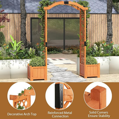 Giantex Garden Arbor with Planter Boxes, Wooden Arch with Trellis and Raised Garden Bed for Climbing Vine Plants Vegetables Herbs, Decorative Arbor Archway for Wedding, Ceremony, Party (Orange)