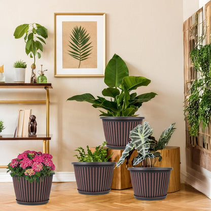 10 Inch Planter-Pots-for-Plants-Indoor-Outdoor, 4 Pack Plastic Flower Pots with Saucer & Drainage Holes, Modern Decorative Resin Garden Pots