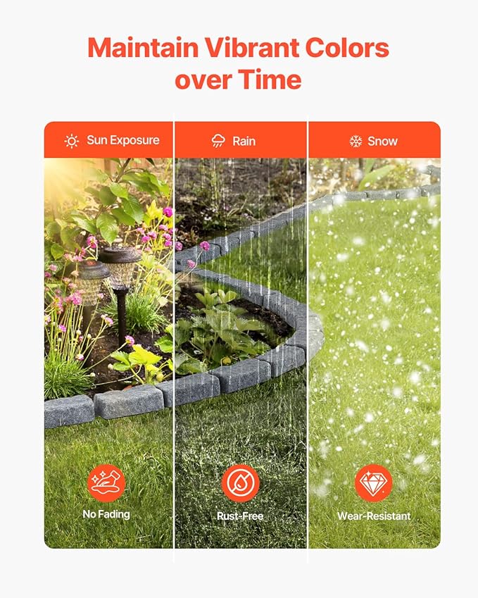 VEVOR Faux Stone Landscape Edging, No Dig Garden Edging Border, Flexible Blocks for Lawn Edging, Flower Beds, Driveway, Yards with 12 Spikes, 4 Pack 24 Bricks 16FT Kit, 46.5" Lx 3.7" W x 2.2" H, Grey