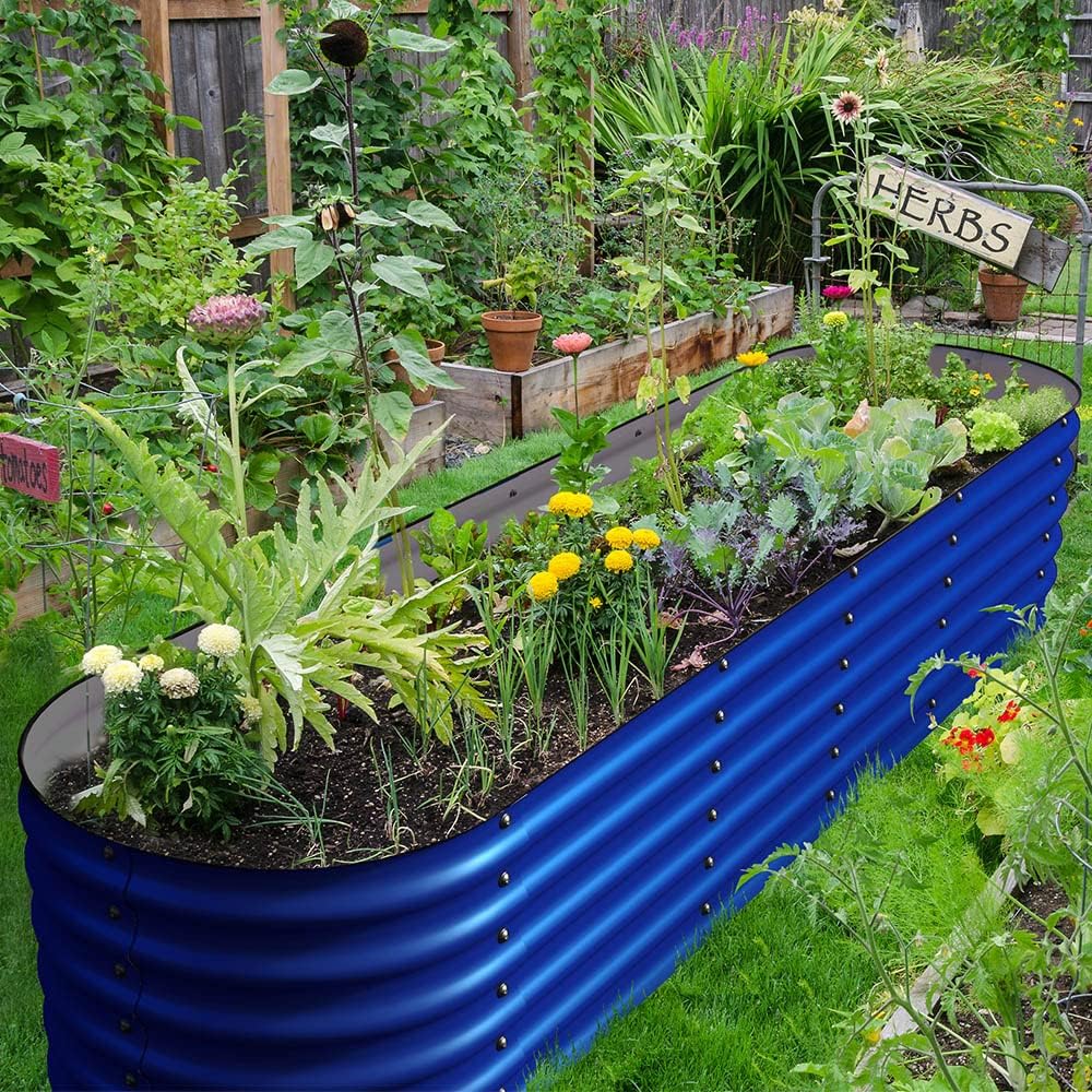 OLLE Galvanized Raised Garden Beds, 12-in-1 Metal Outdoor Plant Boxes for Vegetables, Cobalt Blue 17" Tall