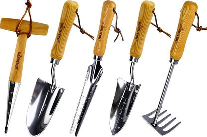 Gardtech Garden Tool Set, 5 Pcs Gardening Tool Set with Weeder Puller, Dibber, Transplanter, Big Trowel, 5-Claw Cultivator - Wooden Handle Heavy Duty Stainless Steel Gardening Hand Tools