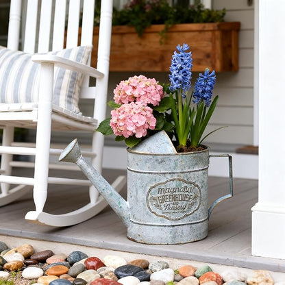 Vintage Galvanized Metal Watering Can, Magnolia Greenhouse Design, Decorative Watering Pot, Functional Garden Waterer for Indoor Outdoor Plant Care, Rustic Decor for Home Garden Patio