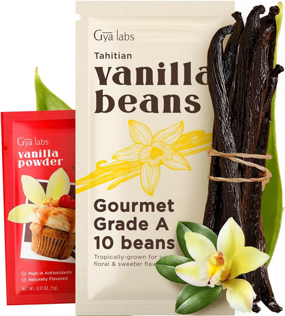 Gya Labs 10 Tahitian Vanilla Beans for Making Vanilla Extract, Baking - Grade A - 5-7 Inches (12 to 15 CM) long, Caviar Rich, Flavorful Fresh Pods