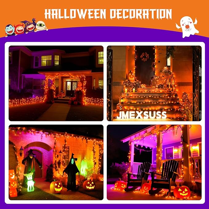 JMEXSUSS 2 Pack Orange Halloween Lights: 100 LED 33ft Solar Halloween Lights Outdoor Waterproof - 8 Modes Orange Solar Light for Christmas Outside Tree Gardens Fall Festival