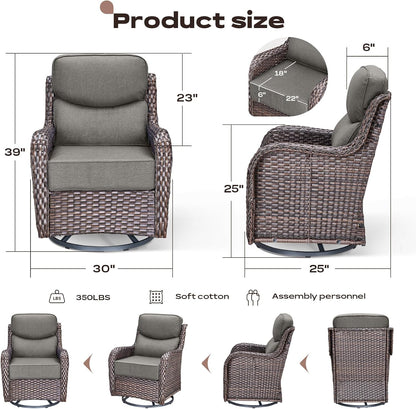 6 Piece Outdoor Patio Swivel Rocker Chairs, Waterproof Wicker, High Back, Deep Seating, Wide Armrest, Upgraded 6 inch Thick Cushions, Side Table, Ideal for Deck Porch Yard, Brown/Grey