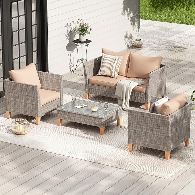Soohow 5-Piece Patio Furniture Set, Outdoor Furniture with Coffee Table, Loveseat & 2 Single Chairs, 4-Inch Thickened Cushions with Water/Oil/Stain-Resistant Fabric (Beige Cushion + Gray Wicker)
