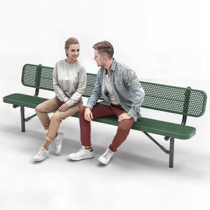 Heavy-Duty Outdoor Metal Bench, Thermoplastic-Coated, Inground, Weatherproof, Commercial-Grade for Parks, Gardens, Patios, Stores & More (8 Ft - Inground with Back, Green)